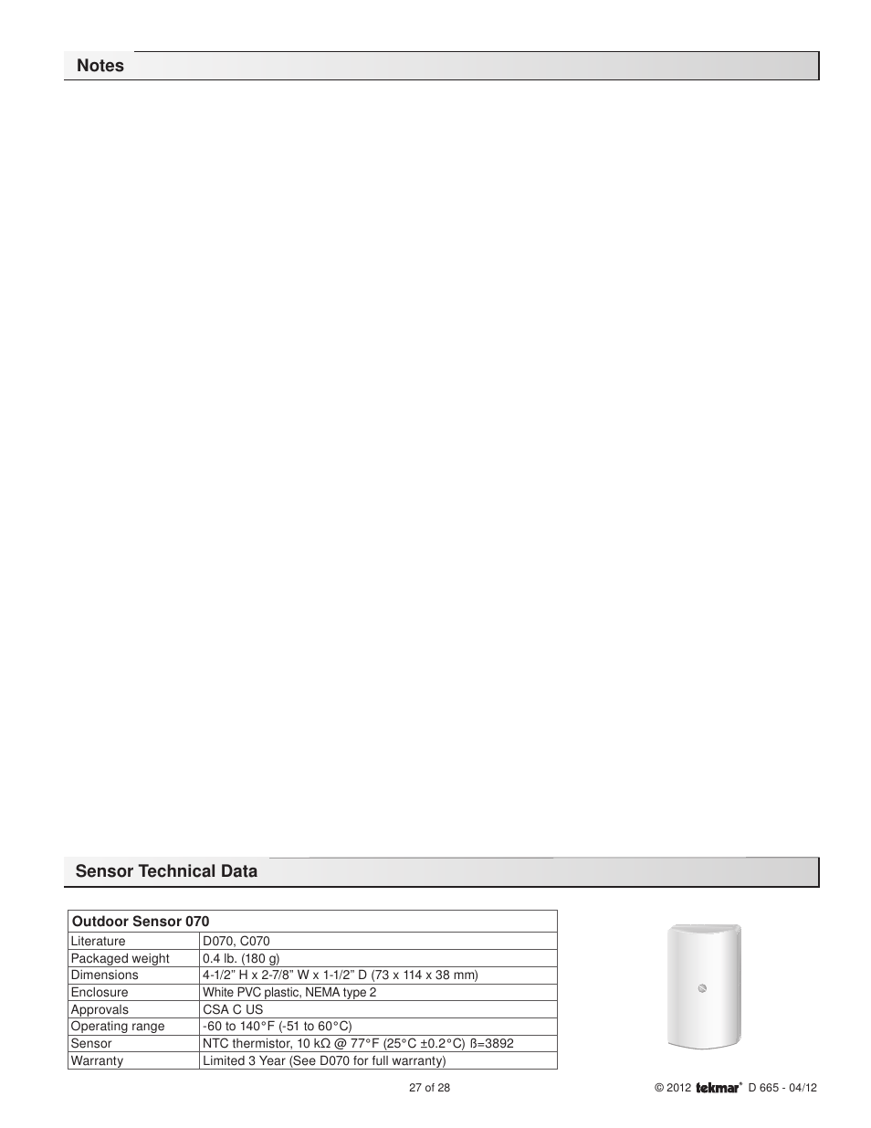 Sensor technical data | tekmar 665 Snow Detector & Melting Control Installation User Manual | Page 27 / 28