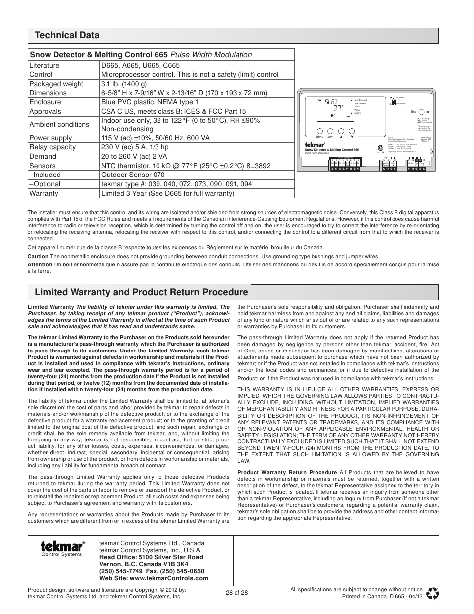Technical data, Limited warranty and product return procedure, 28 of 28 | tekmar 665 Snow Detector & Melting Control Installation User Manual | Page 28 / 28