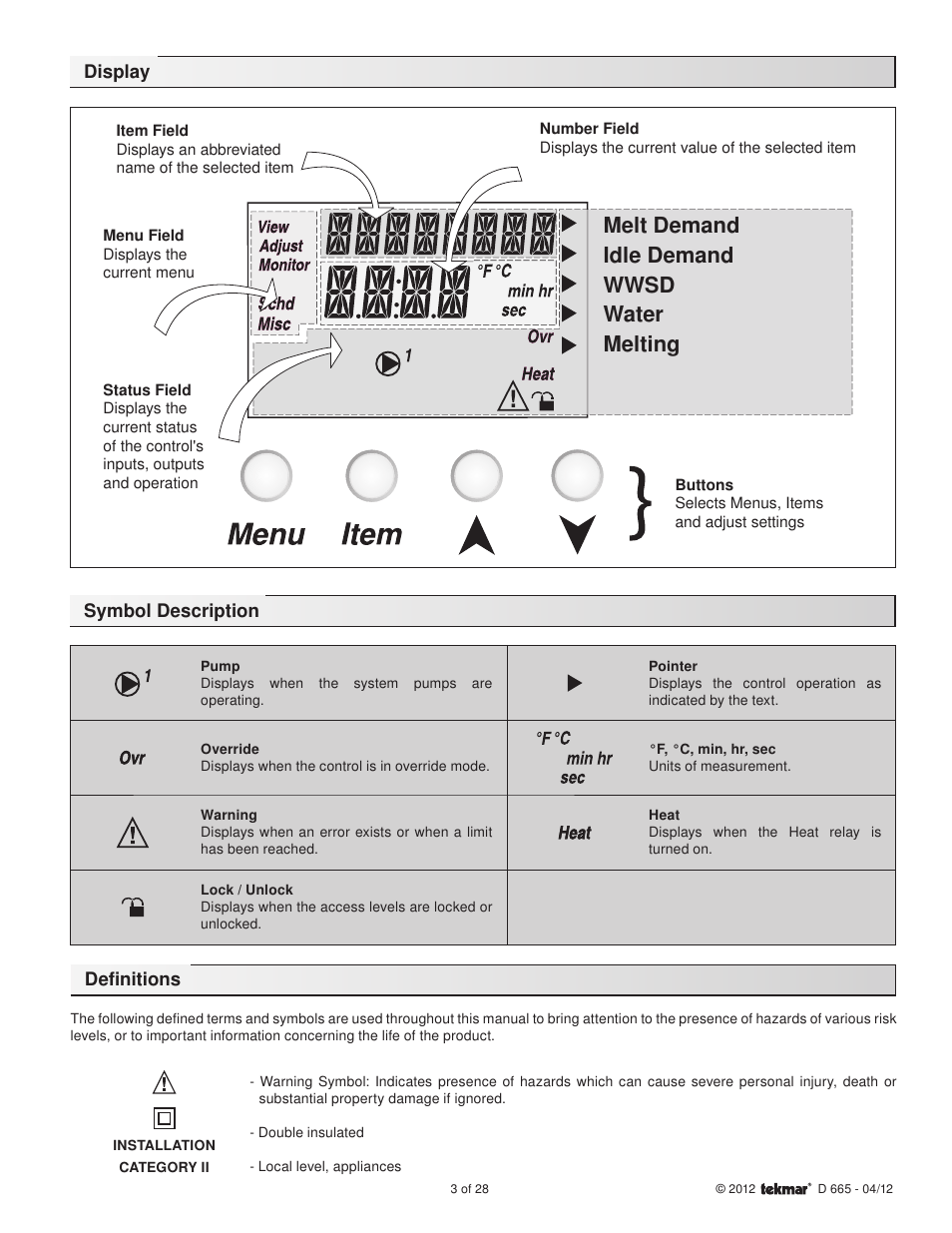 Melt demand idle demand wwsd water melting, Display symbol description, Definitions | tekmar 665 Snow Detector & Melting Control Installation User Manual | Page 3 / 28