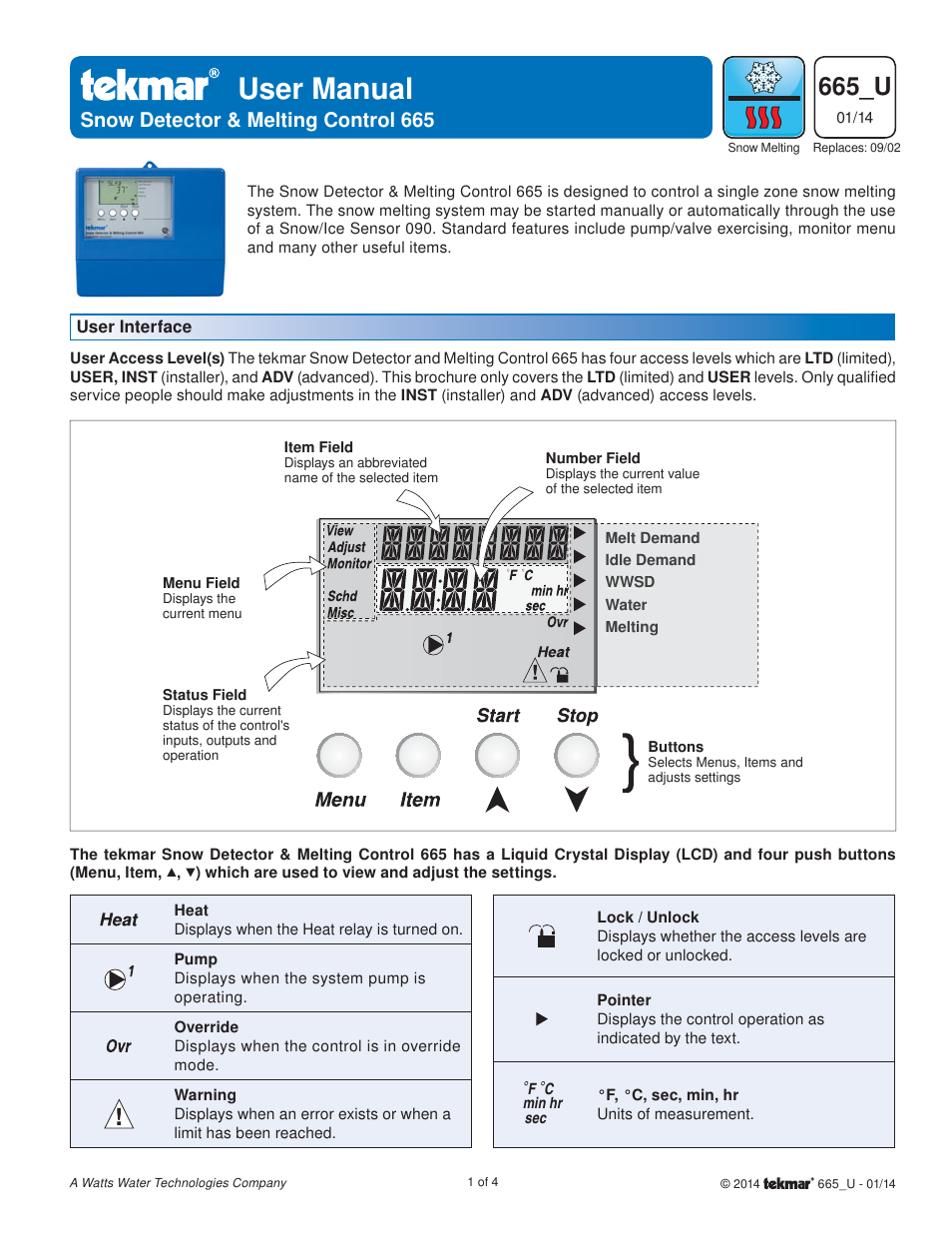 tekmar 665 Snow Detector & Melting Control User Manuals User Manual | 4 pages