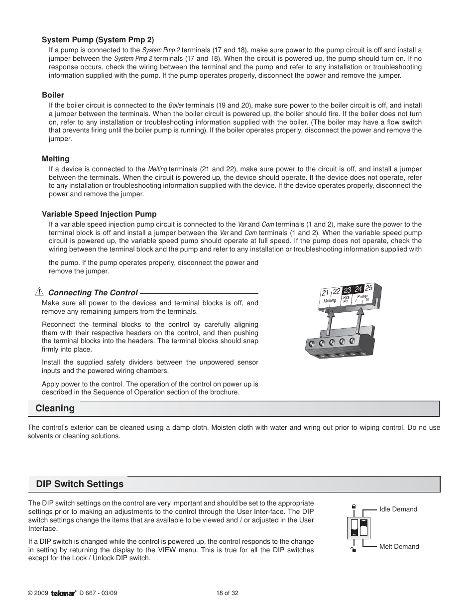 Cleaning, Dip switch settings | tekmar 667 Snow Detector & Melting Control Installation User Manual | Page 18 / 32