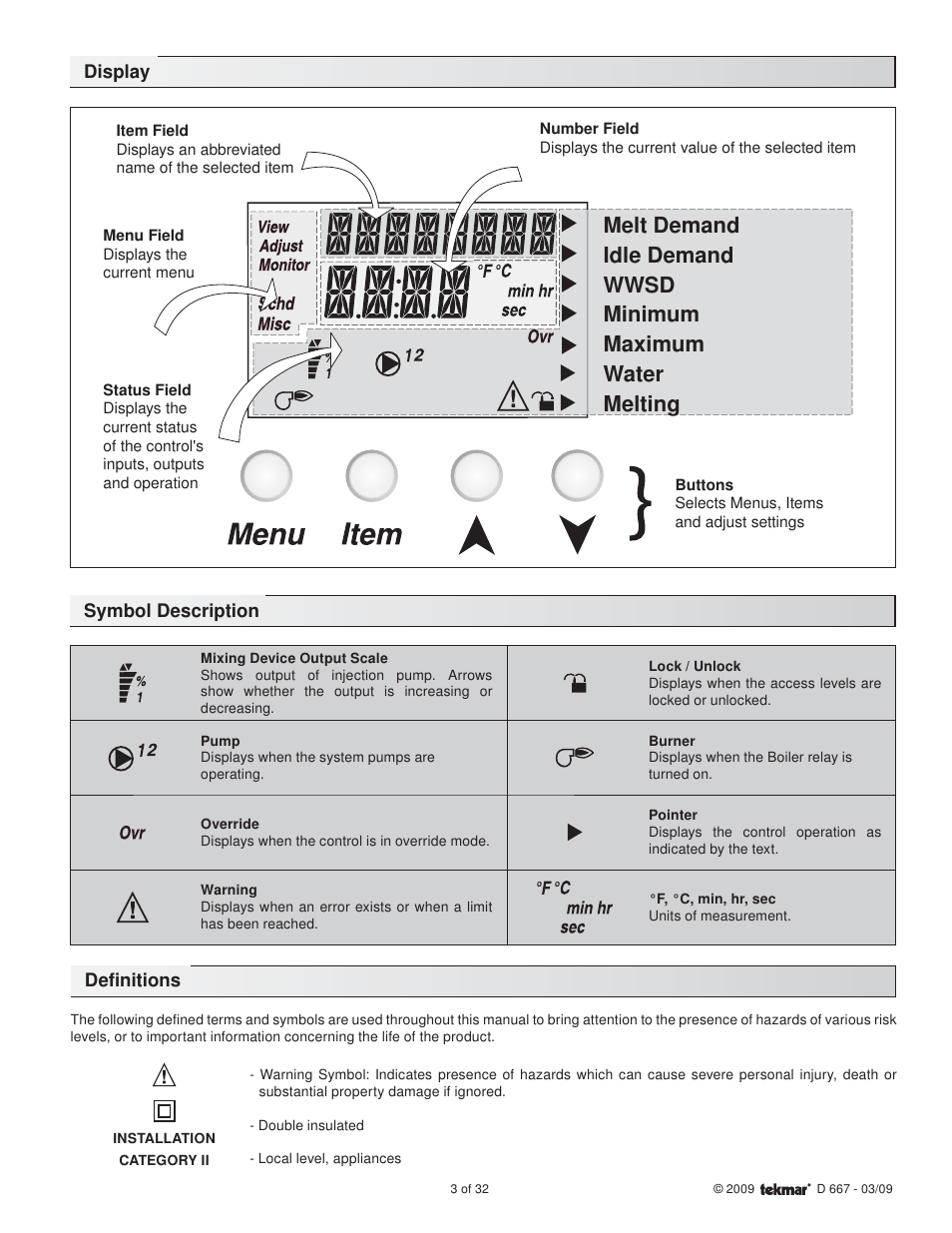 Display symbol description, Definitions | tekmar 667 Snow Detector & Melting Control Installation User Manual | Page 3 / 32