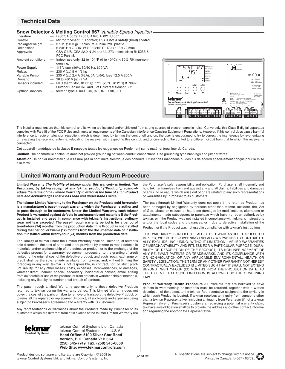 Technical data, Limited warranty and product return procedure, 32 of 32 | tekmar 667 Snow Detector & Melting Control Installation User Manual | Page 32 / 32