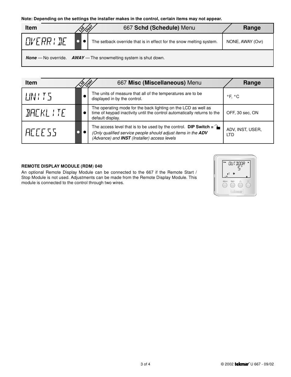 Item range, 667 misc (miscellaneous) menu, 667 schd (schedule) menu | tekmar 667 Snow Detector & Melting Control User Manuals User Manual | Page 3 / 4