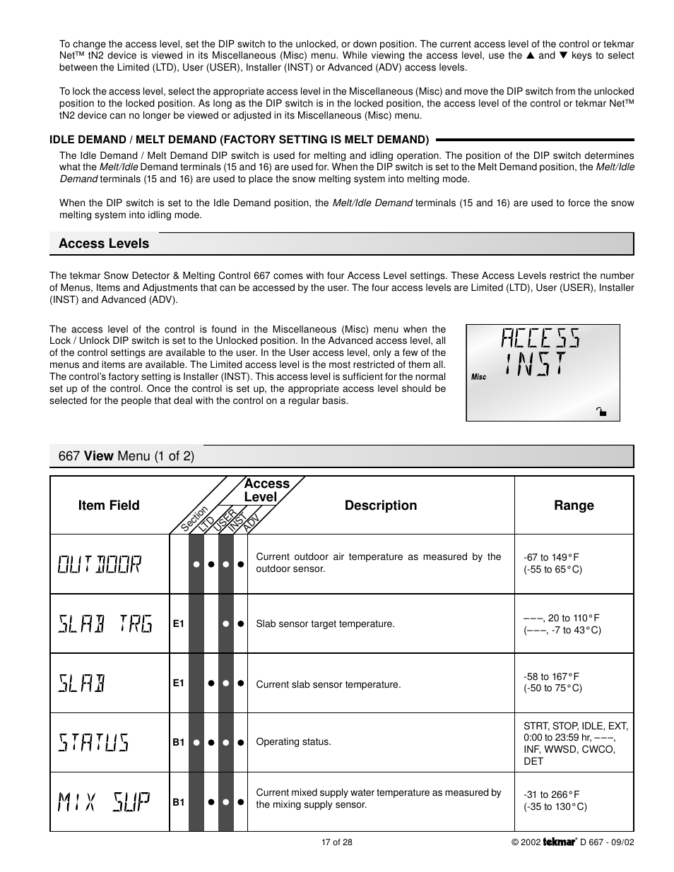 Access levels, Item field access level description range | tekmar 667 Snow Detector & Melting Control User Manual | Page 17 / 28