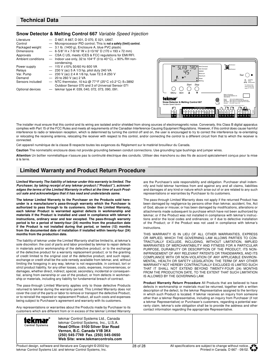 tekmar 667 Snow Detector & Melting Control User Manual | Page 28 / 28