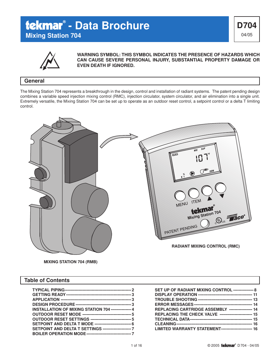 tekmar 704 Mixing Station User Manual | 16 pages