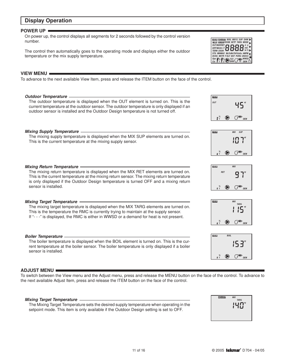 Display operation, Power up, View menu | Adjust menu | tekmar 704 Mixing Station User Manual | Page 11 / 16