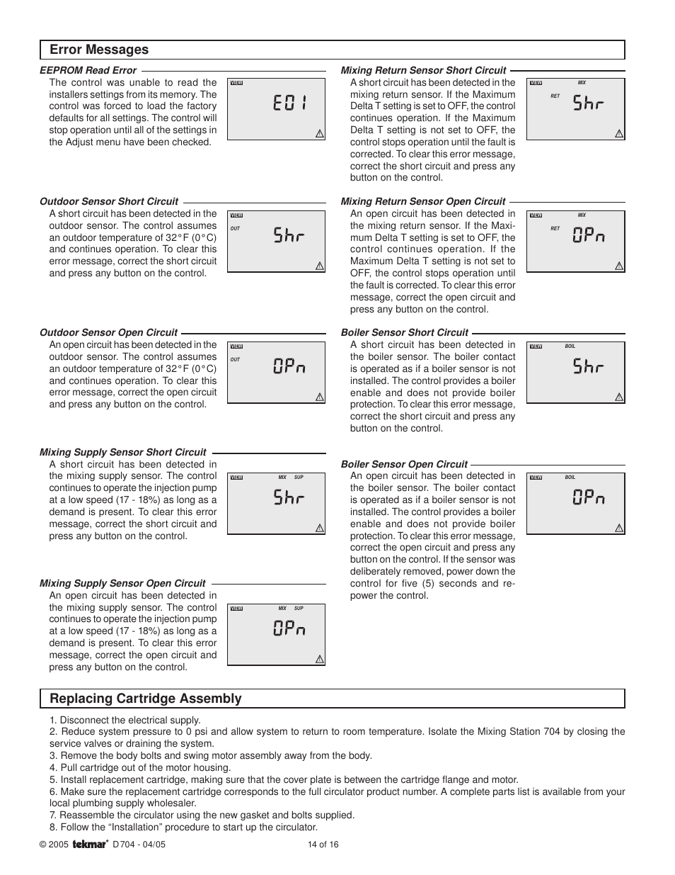 Error messages, Replacing cartridge assembly | tekmar 704 Mixing Station User Manual | Page 14 / 16