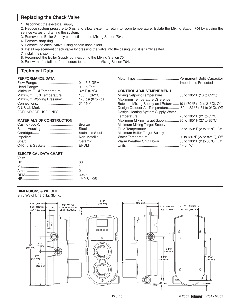 Replacing the check valve, Technical data | tekmar 704 Mixing Station User Manual | Page 15 / 16