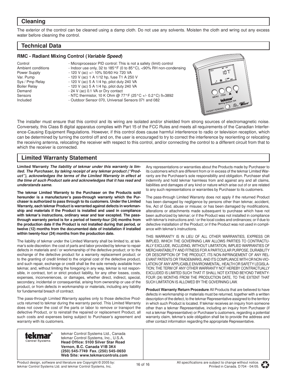Warranty, Limited warranty statement, Cleaning technical data | tekmar 704 Mixing Station User Manual | Page 16 / 16