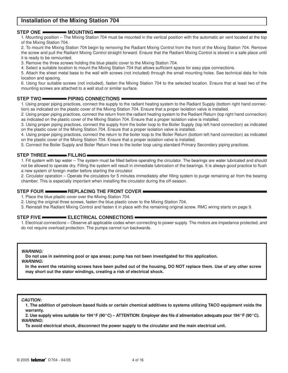 Installation, Installation of the mixing station 704 | tekmar 704 Mixing Station User Manual | Page 4 / 16