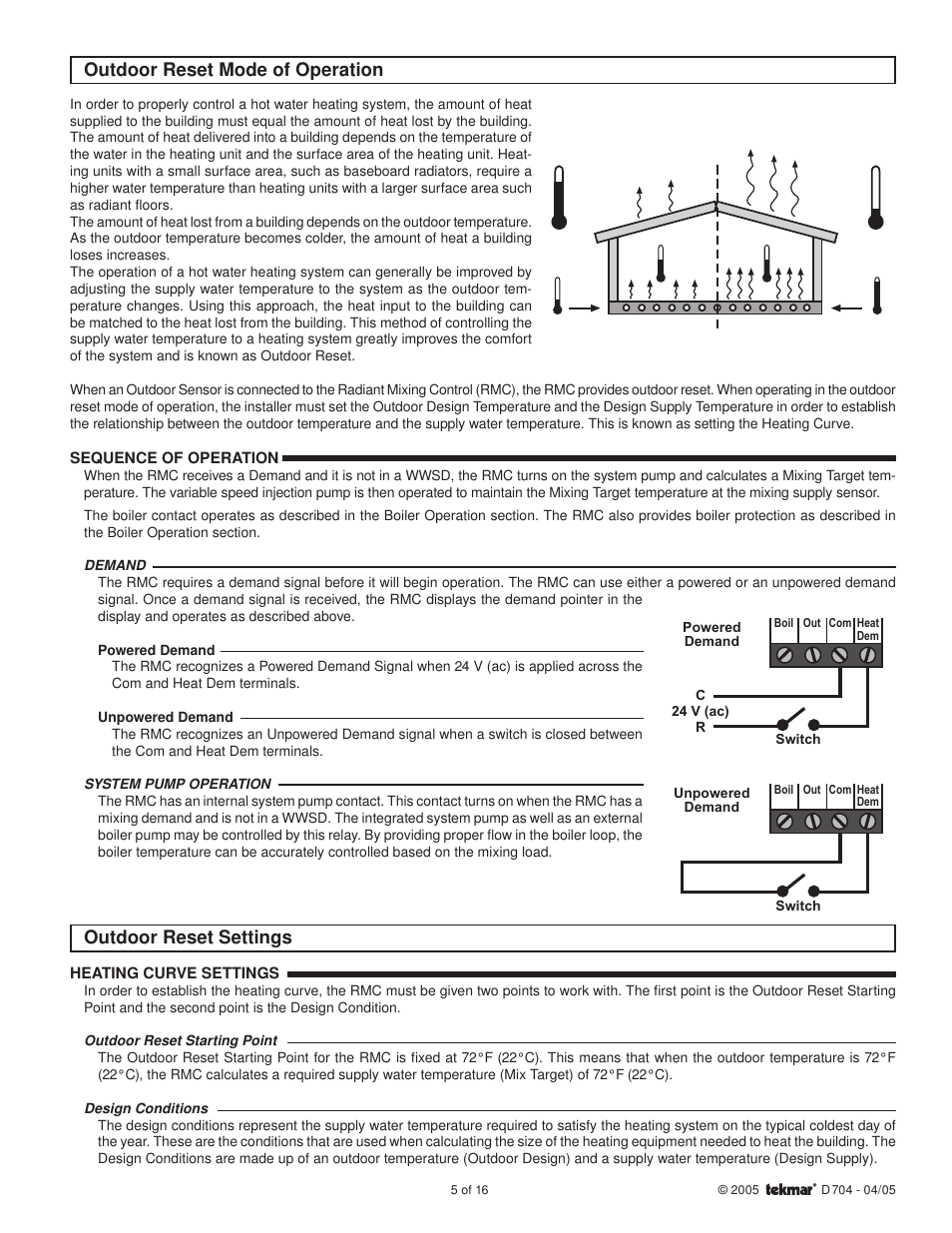 Outdoor reset mode of operation, Outdoor reset settings | tekmar 704 Mixing Station User Manual | Page 5 / 16