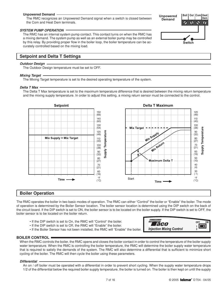Setpoint and delta t settings, Boiler operation | tekmar 704 Mixing Station User Manual | Page 7 / 16