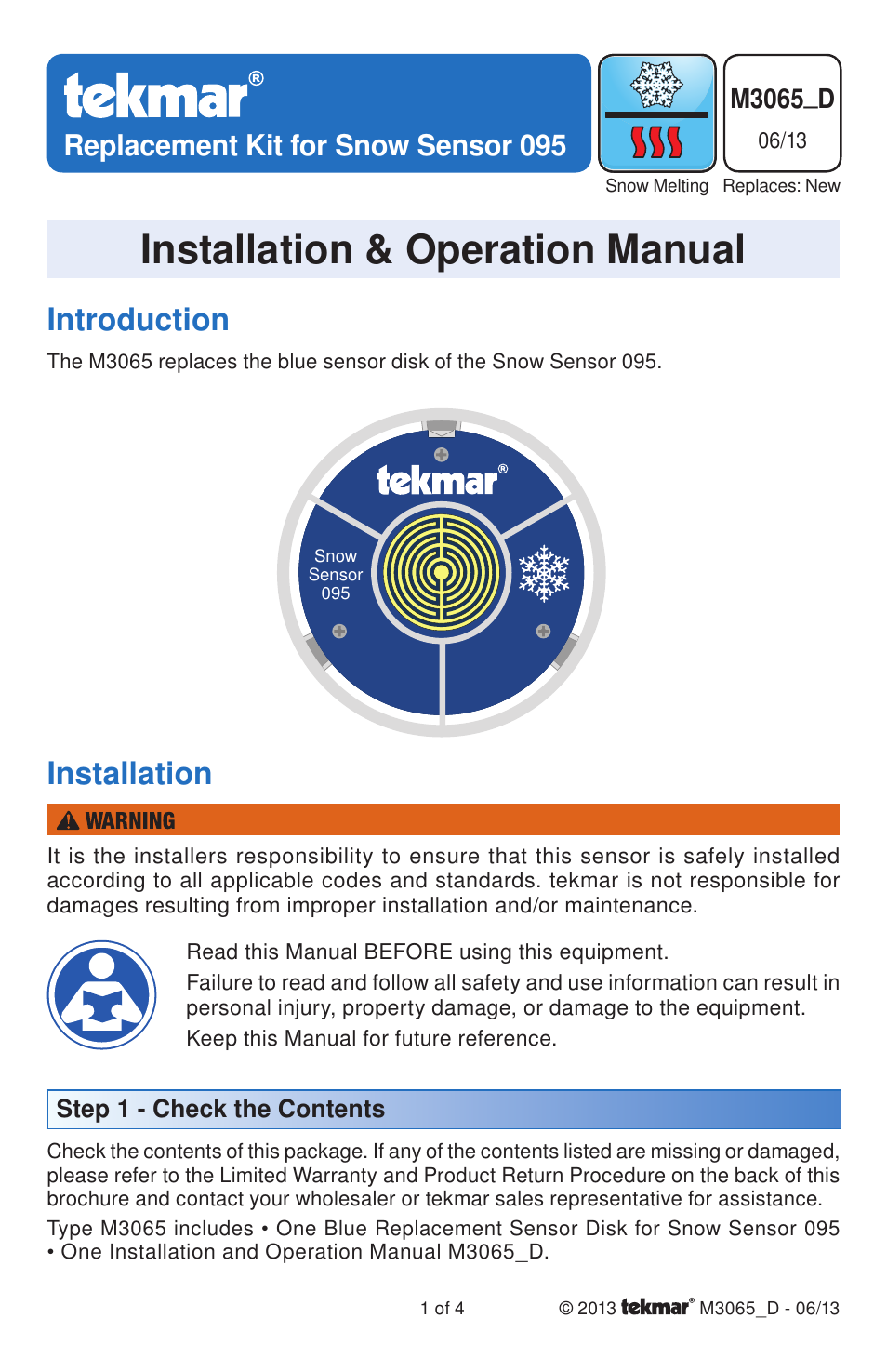 tekmar 095 Replacement Kit for Snow Sensor User Manual | 4 pages