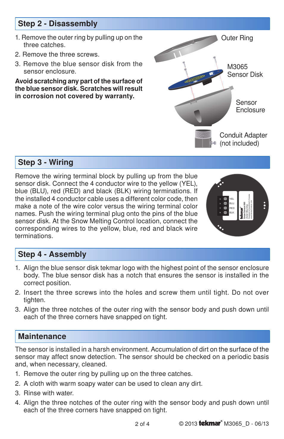 Step 2 - disassembly, Step 3 - wiring, Maintenance | Step 4 - assembly | tekmar 095 Replacement Kit for Snow Sensor User Manual | Page 2 / 4