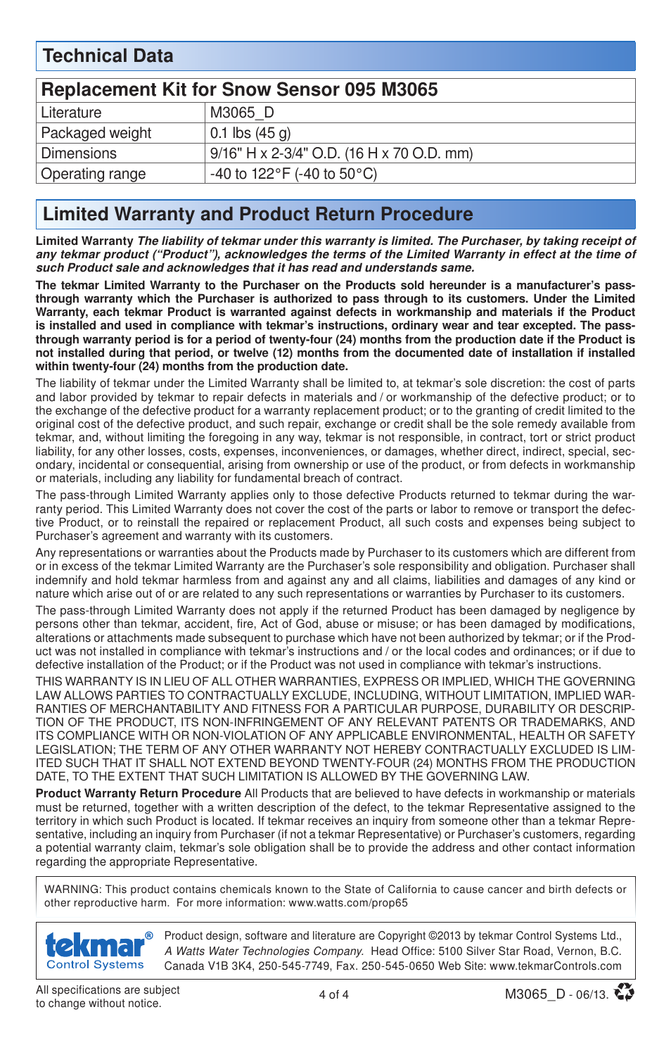 Limited warranty and product return procedure | tekmar 095 Replacement Kit for Snow Sensor User Manual | Page 4 / 4