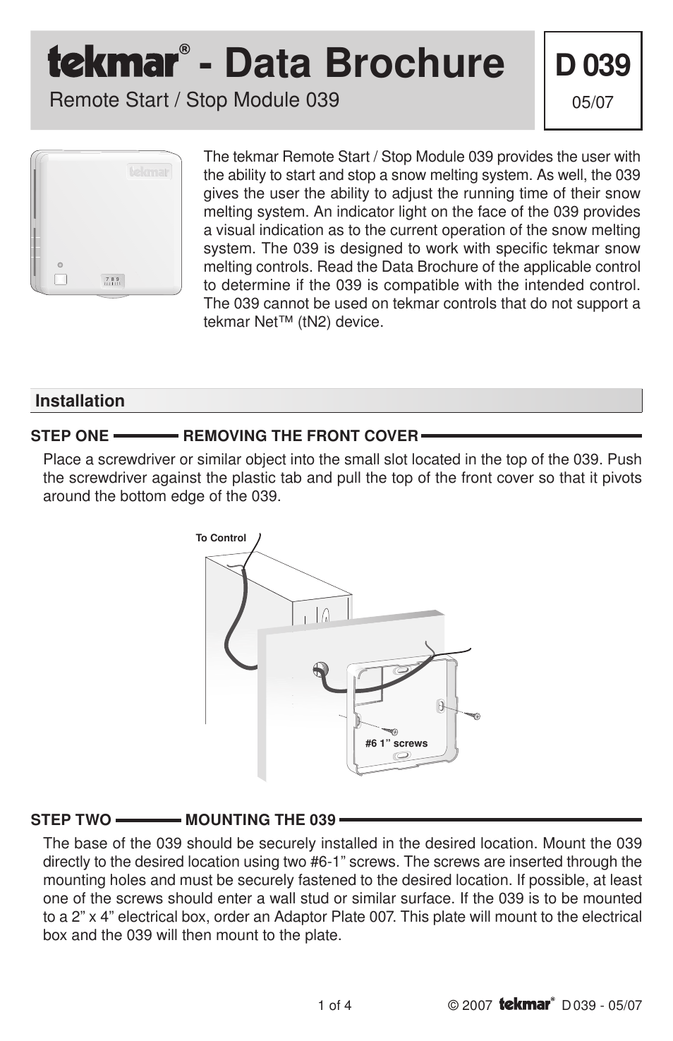 tekmar 039 Remote Start / Stop Module User Manual | 4 pages