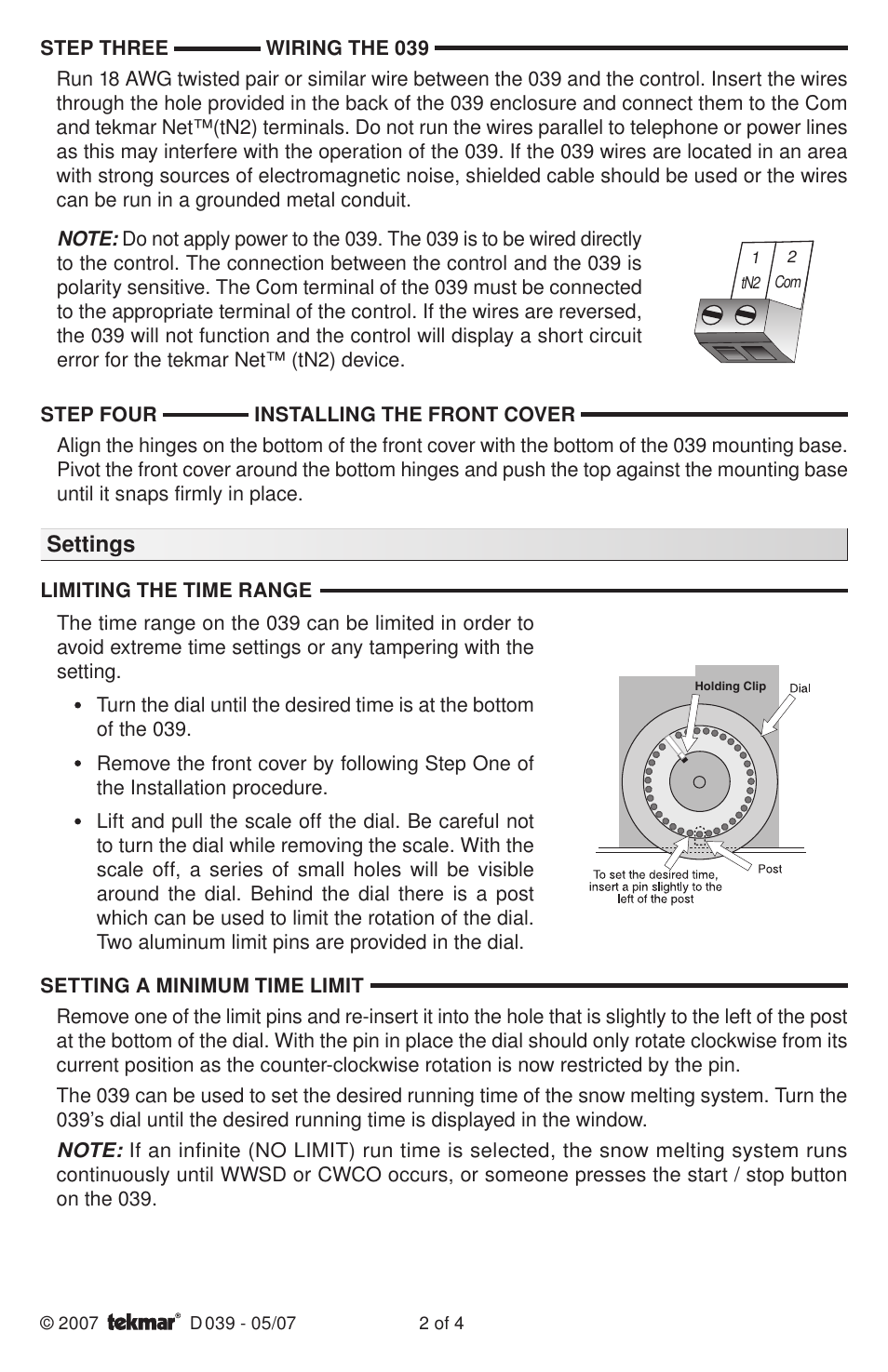 Settings | tekmar 039 Remote Start / Stop Module User Manual | Page 2 / 4