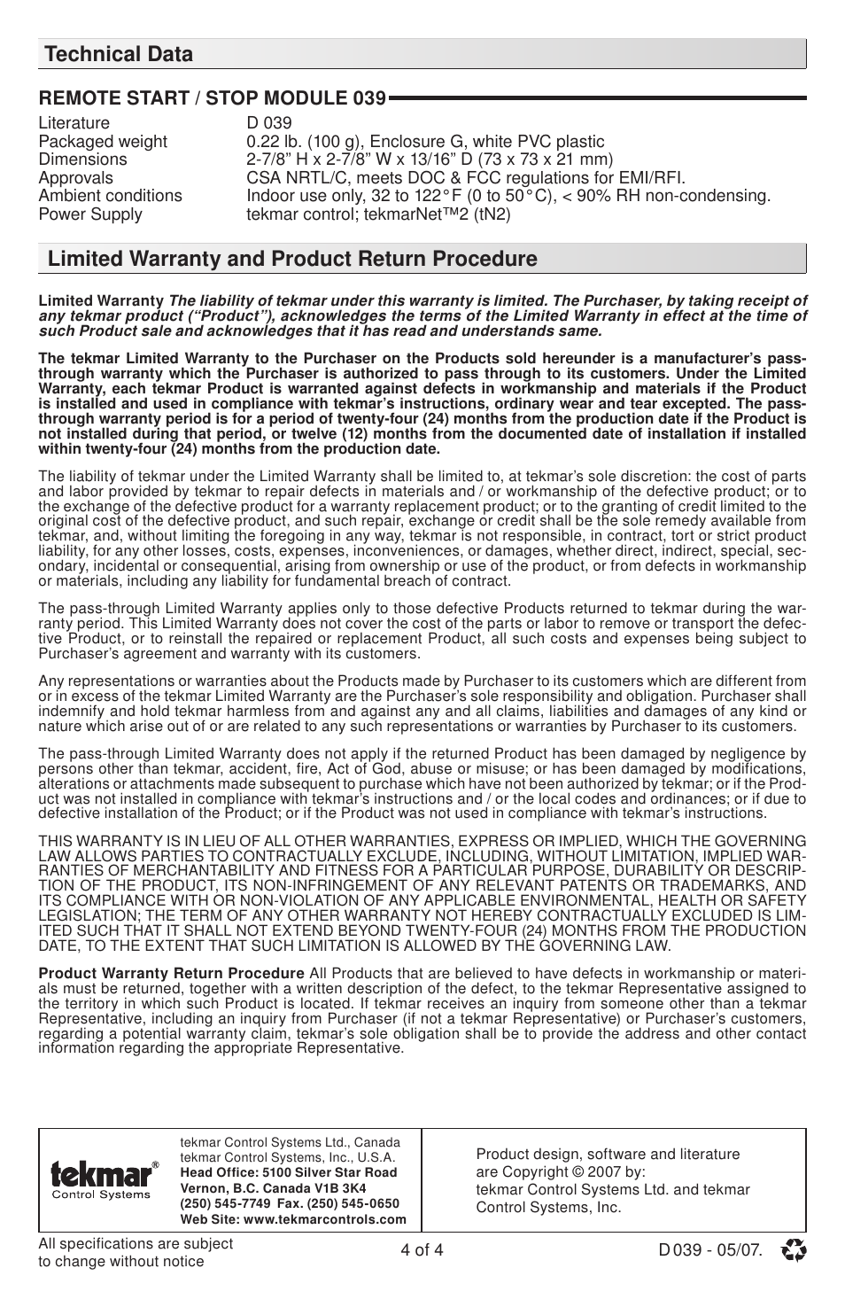 tekmar 039 Remote Start / Stop Module User Manual | Page 4 / 4