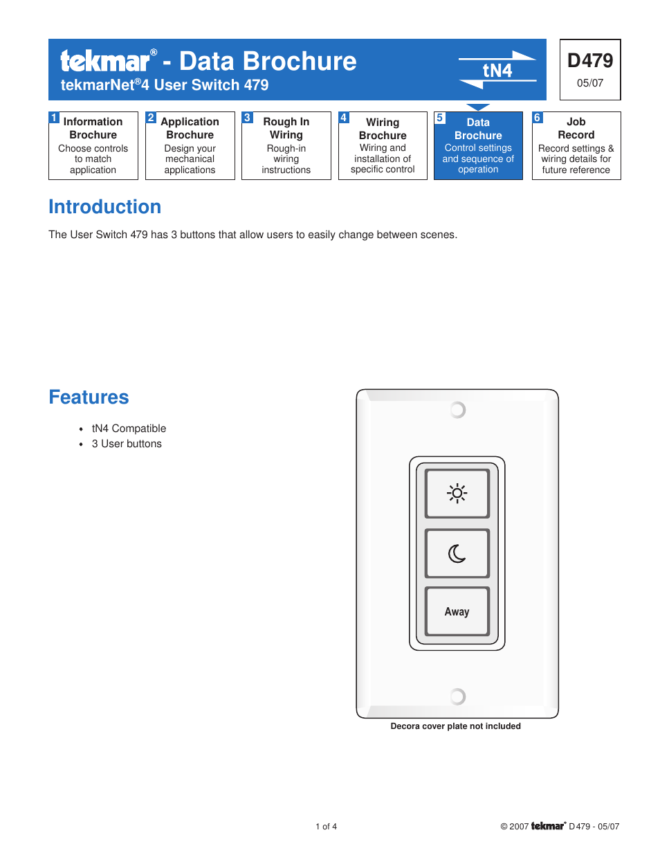 tekmar 479 User Switch Installation User Manual | 4 pages