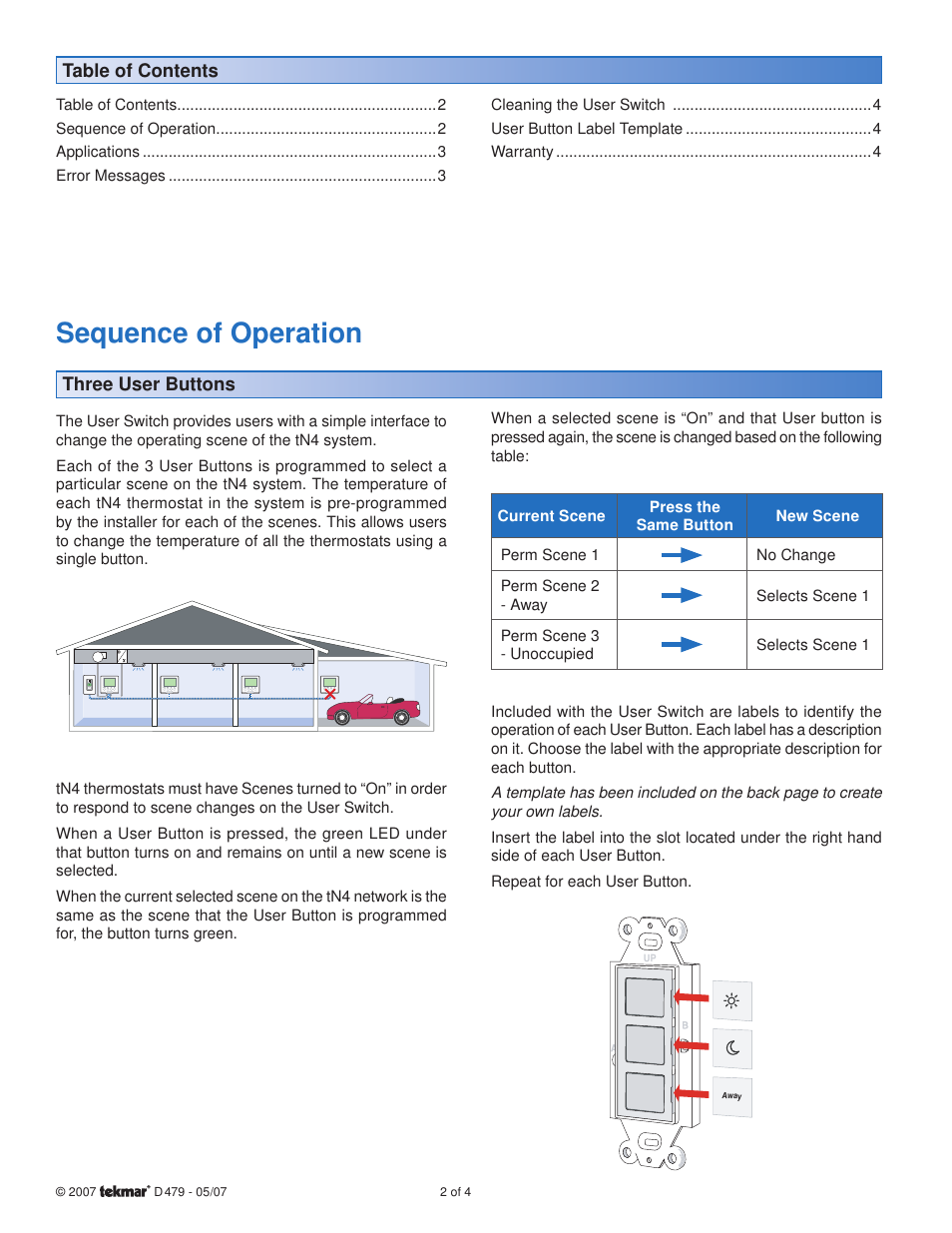 Sequence of operation | tekmar 479 User Switch Installation User Manual | Page 2 / 4