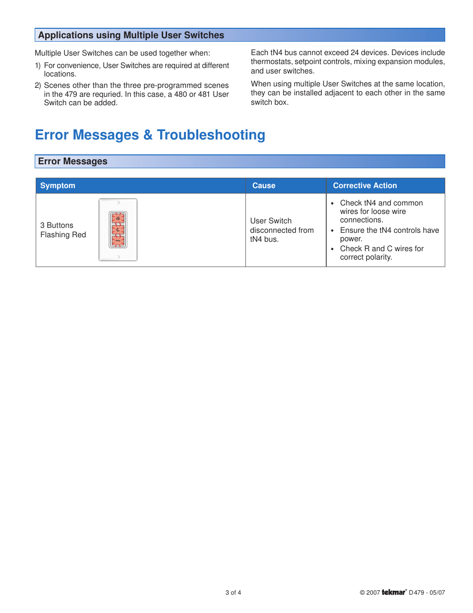 Error messages & troubleshooting | tekmar 479 User Switch Installation User Manual | Page 3 / 4