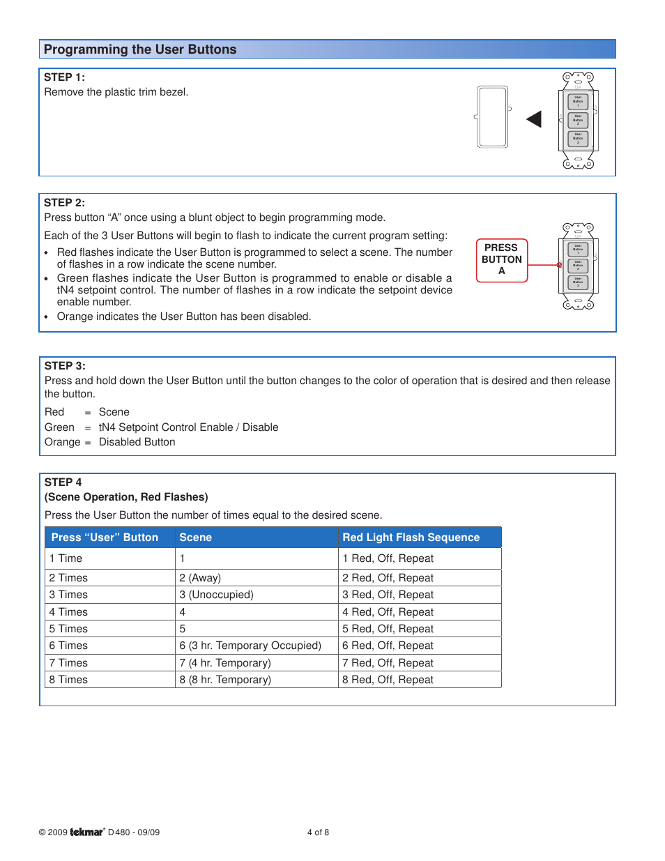 Programming the user buttons | tekmar 480 User Switch Installation User Manual | Page 4 / 8