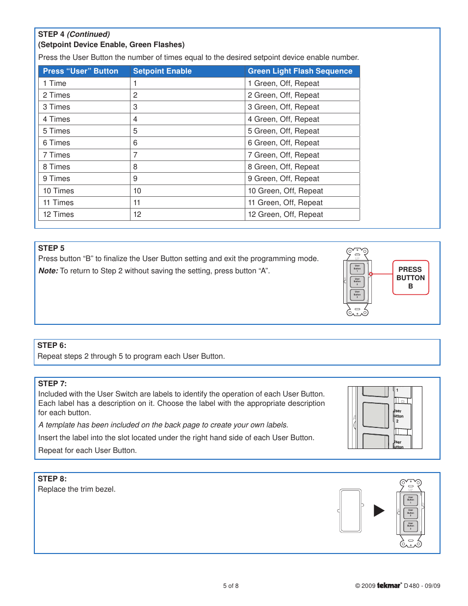 tekmar 480 User Switch Installation User Manual | Page 5 / 8