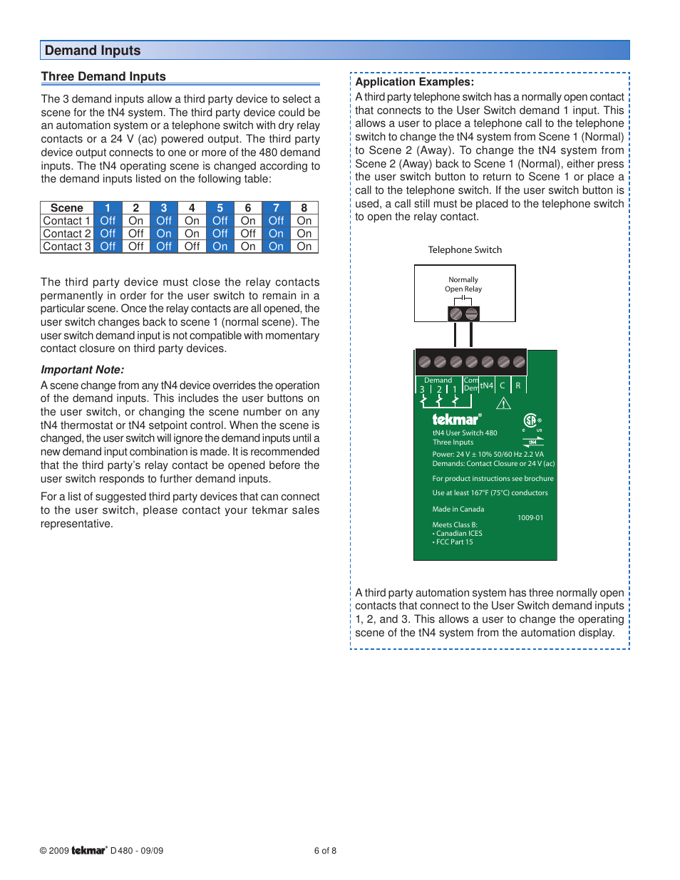 Demand inputs | tekmar 480 User Switch Installation User Manual | Page 6 / 8