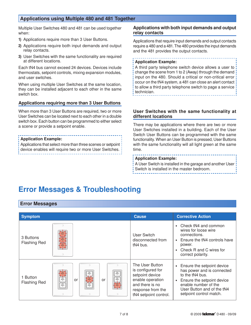 Error messages & troubleshooting, Error messages, Applications requiring more than 3 user buttons | tekmar 480 User Switch Installation User Manual | Page 7 / 8