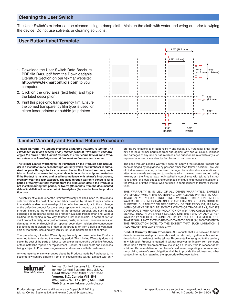 User button label template | tekmar 480 User Switch Installation User Manual | Page 8 / 8