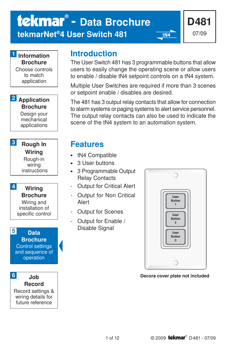 tekmar 481 User Switch Installation User Manual | 12 pages