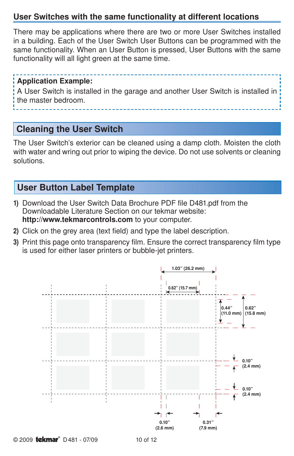 Cleaning the user switch, User button label template | tekmar 481 User Switch Installation User Manual | Page 10 / 12