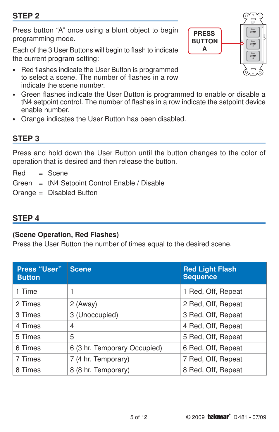 Step 2, Step 3, Step 4 | tekmar 481 User Switch Installation User Manual | Page 5 / 12