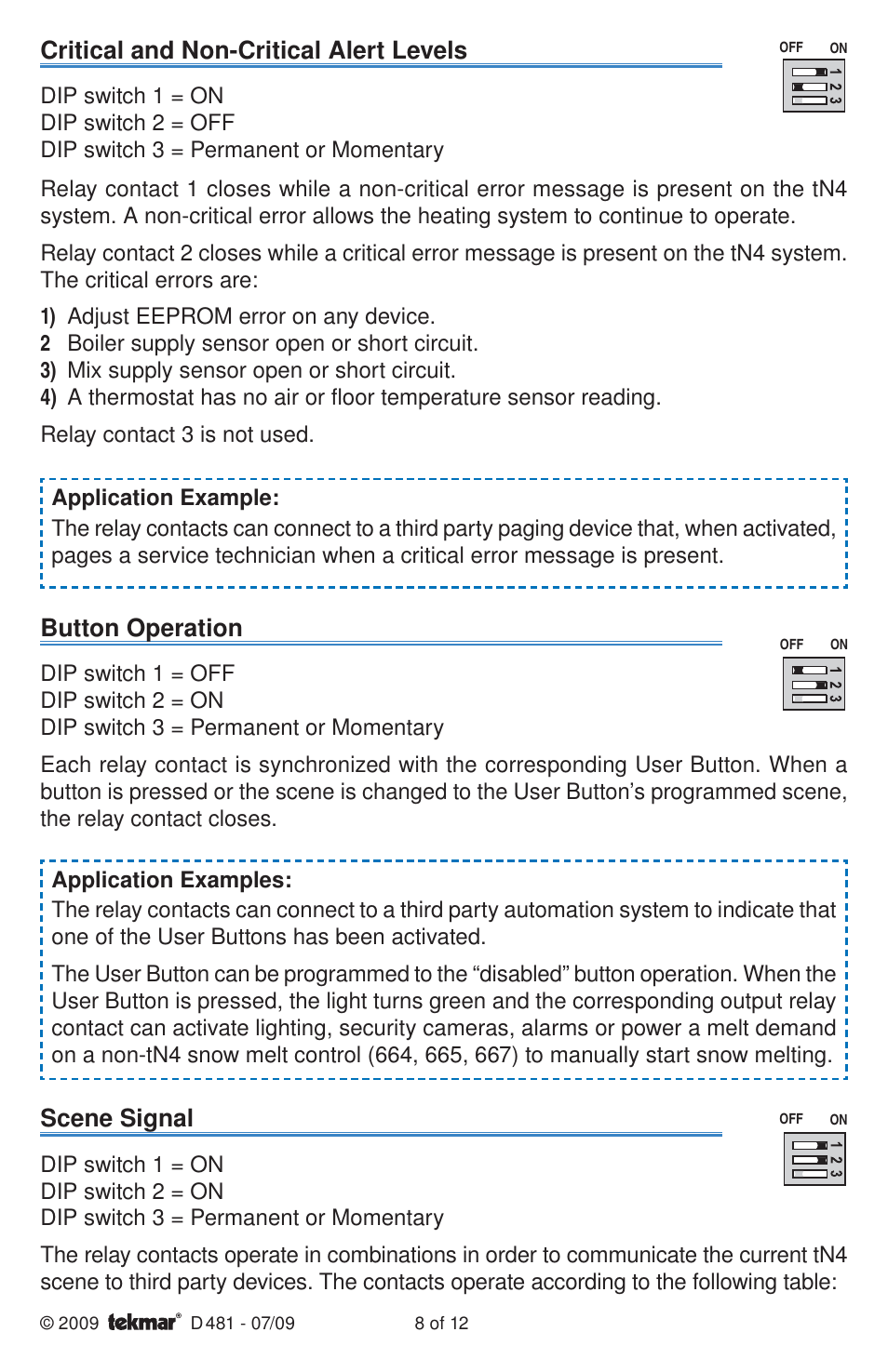 Critical and non-critical alert levels, Button operation, Scene signal | tekmar 481 User Switch Installation User Manual | Page 8 / 12