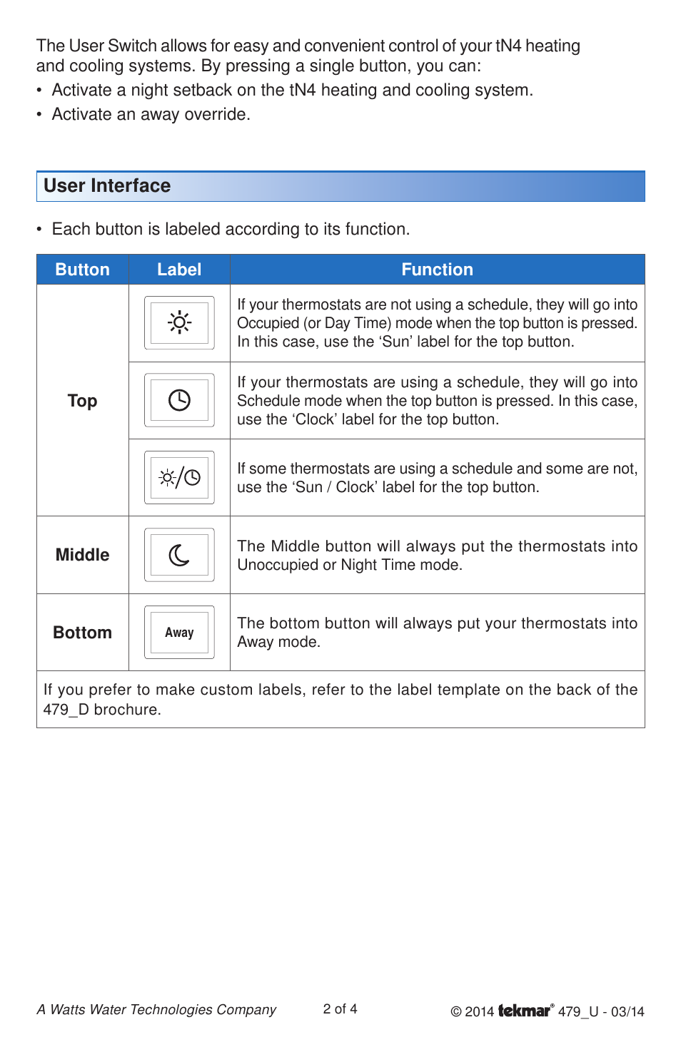 User interface | tekmar 479 User Switch User Manual User Manual | Page 2 / 4