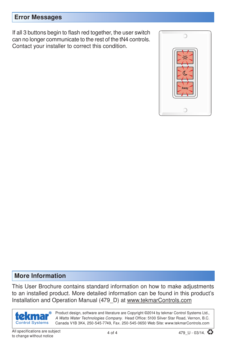 More information, Error messages | tekmar 479 User Switch User Manual User Manual | Page 4 / 4