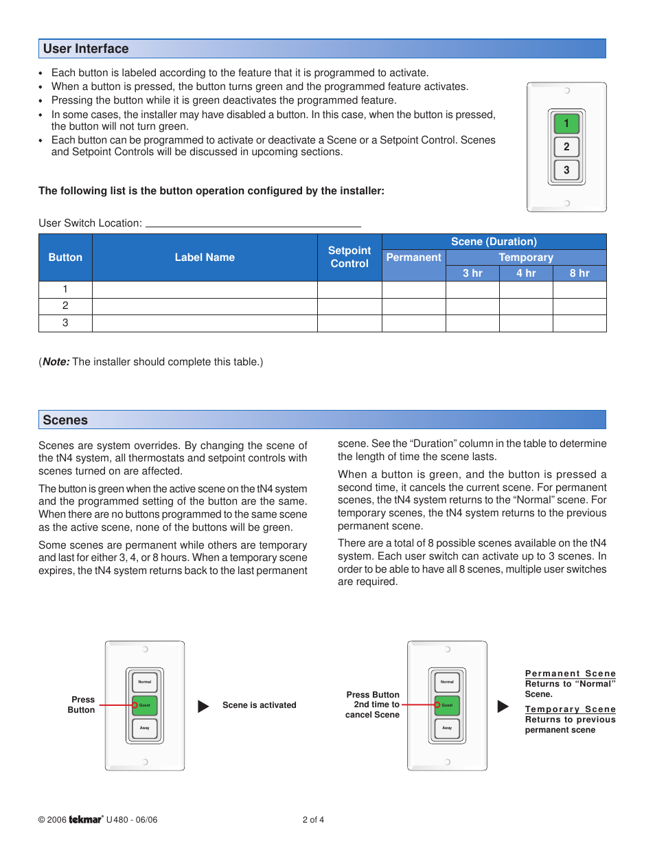 Scenes, User interface | tekmar 480 User Switch User Manual User Manual | Page 2 / 4