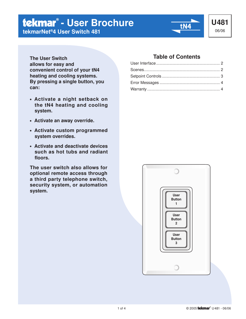 tekmar 481 User Switch User Manual User Manual | 4 pages