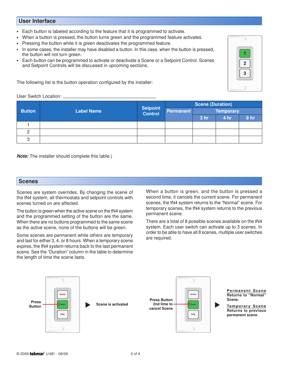 Scenes, User interface | tekmar 481 User Switch User Manual User Manual | Page 2 / 4
