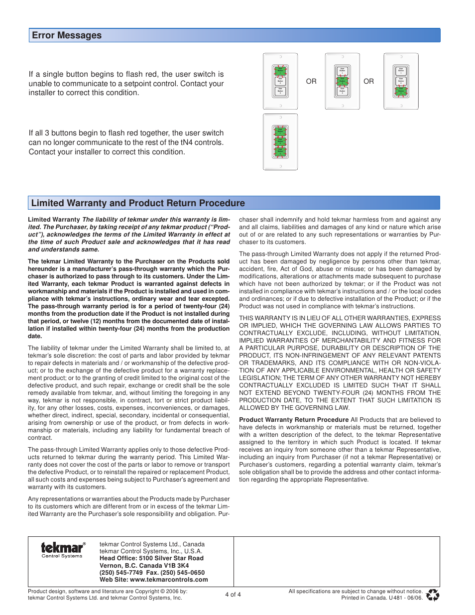 4 of 4 | tekmar 481 User Switch User Manual User Manual | Page 4 / 4