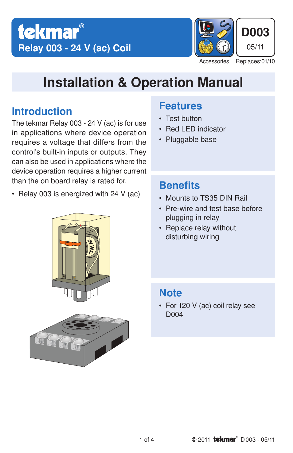 tekmar 003 Relay User Manual | 4 pages