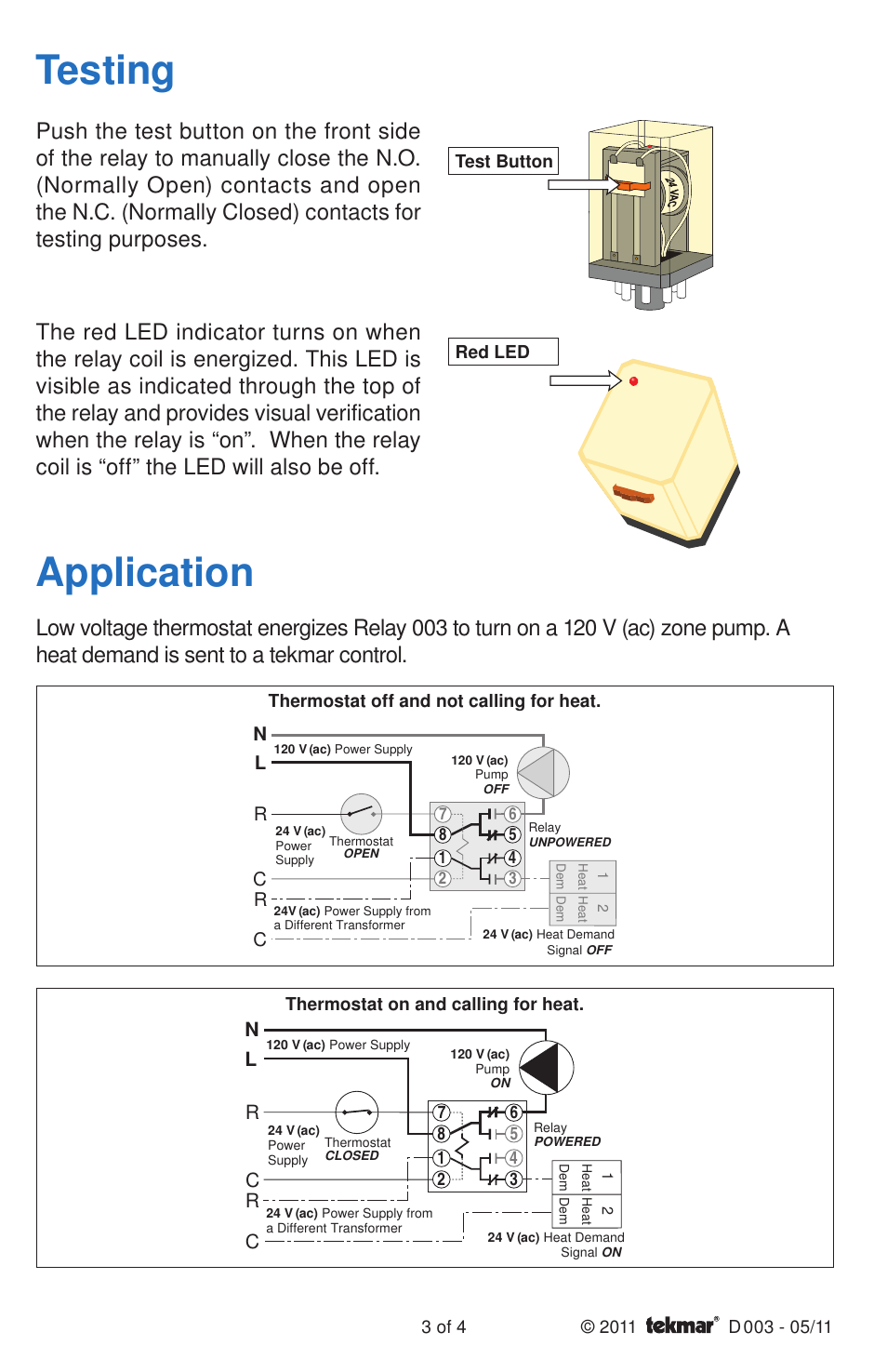 Application, Testing, Rc c | tekmar 003 Relay User Manual | Page 3 / 4