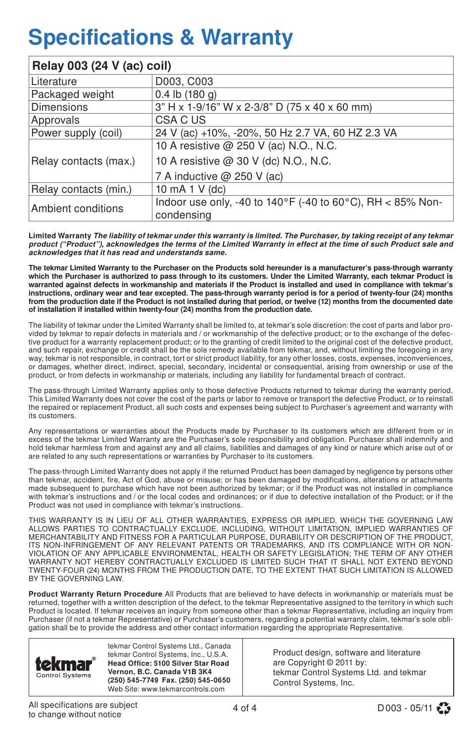 Specifications & warranty | tekmar 003 Relay User Manual | Page 4 / 4