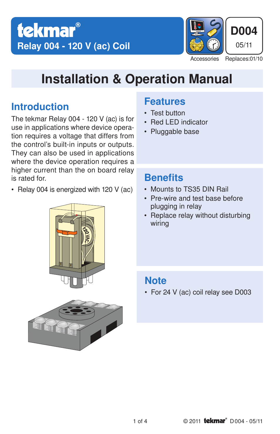 tekmar 004 Relay User Manual | 4 pages