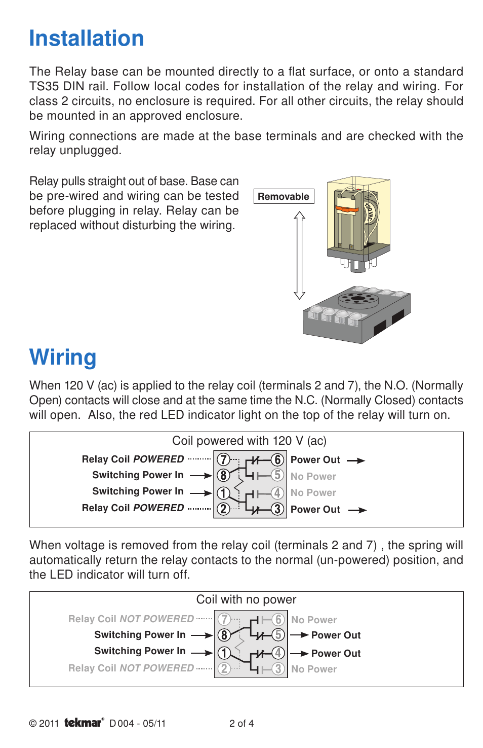 Wiring, Installation | tekmar 004 Relay User Manual | Page 2 / 4