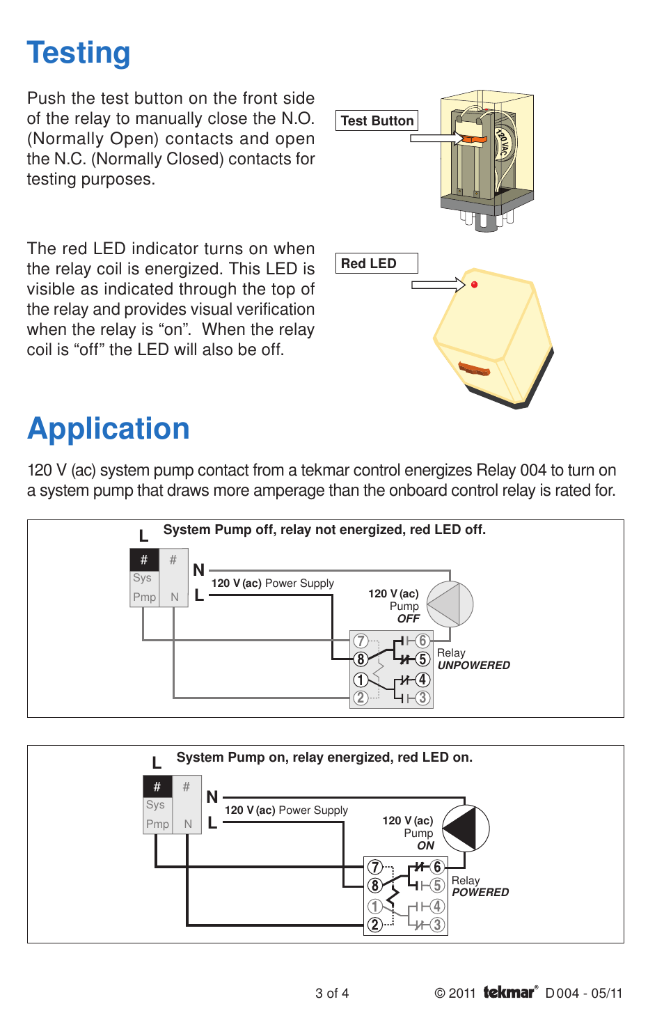 Application, Testing | tekmar 004 Relay User Manual | Page 3 / 4
