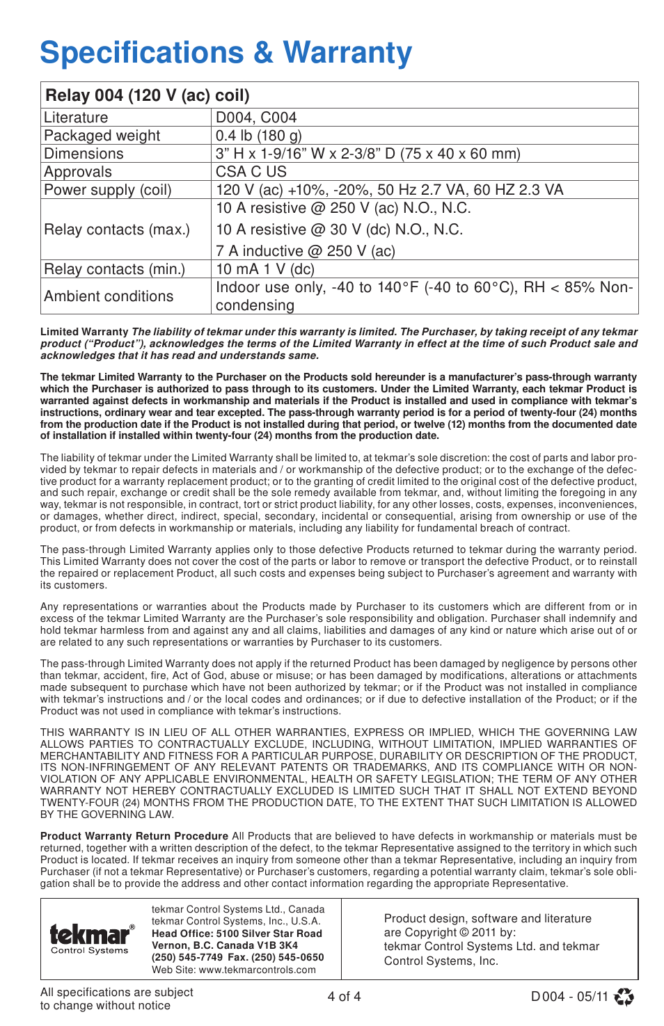 Specifications & warranty | tekmar 004 Relay User Manual | Page 4 / 4