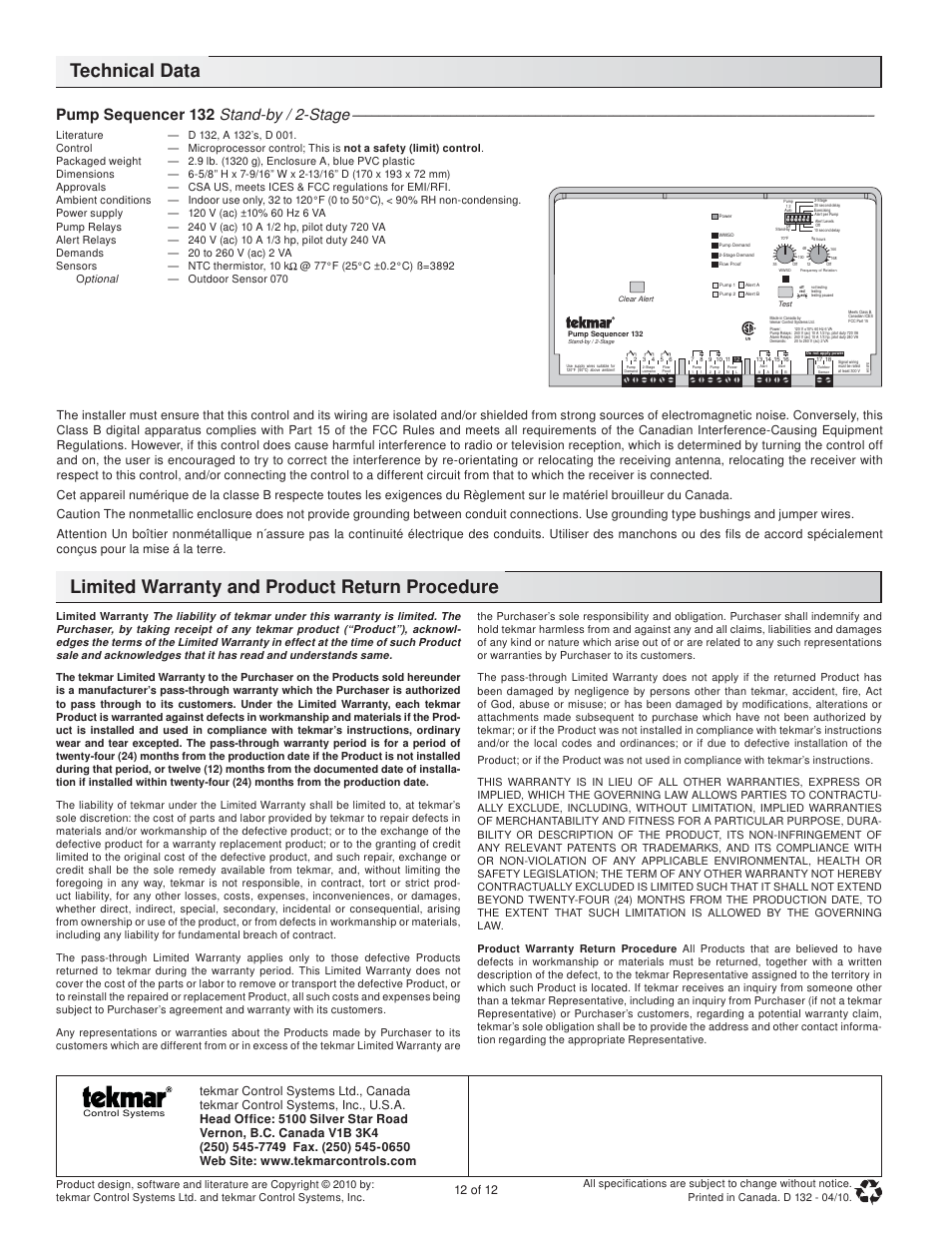 Technical data, Limited warranty and product return procedure, Pump sequencer 132 stand-by / 2-stage | 12 of 12 | tekmar 132 Pump Sequencer User Manual | Page 12 / 12